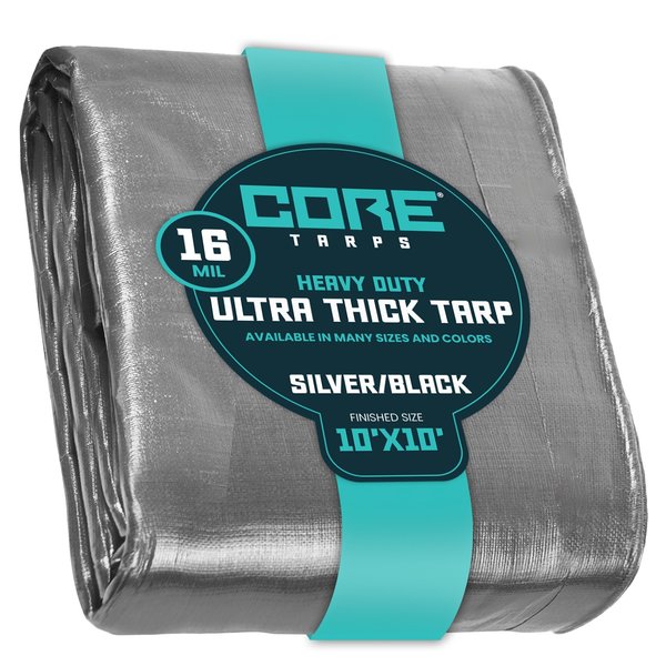 Core Tarps 10 ft L x 0.5 mm H x 10 ft W Heavy Duty 16 Mil Tarp, Silver/Black, Polyethylene CT-301-10X10